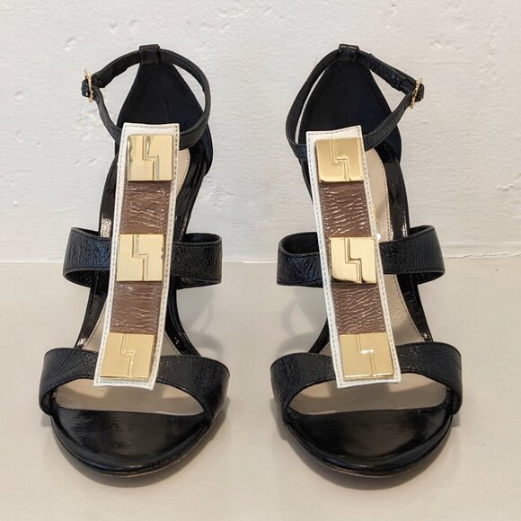 LAMB Lightning Bolt Black & Gold Metal Embellish T Strap Stiletto Sandals, 7/7.5 - Picture 13 of 16